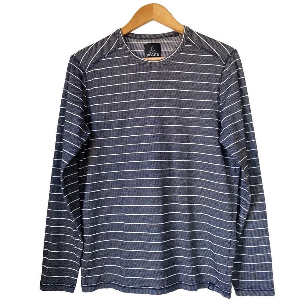 PRANA Mens Striped Keller Long Sleeve Crew Neck Knit Top Shirt Gray Size S